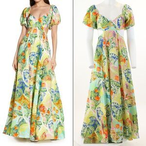 STAUD Coliseum Cutout Puff Sleeve Linen Maxi Dress in Capri Tree